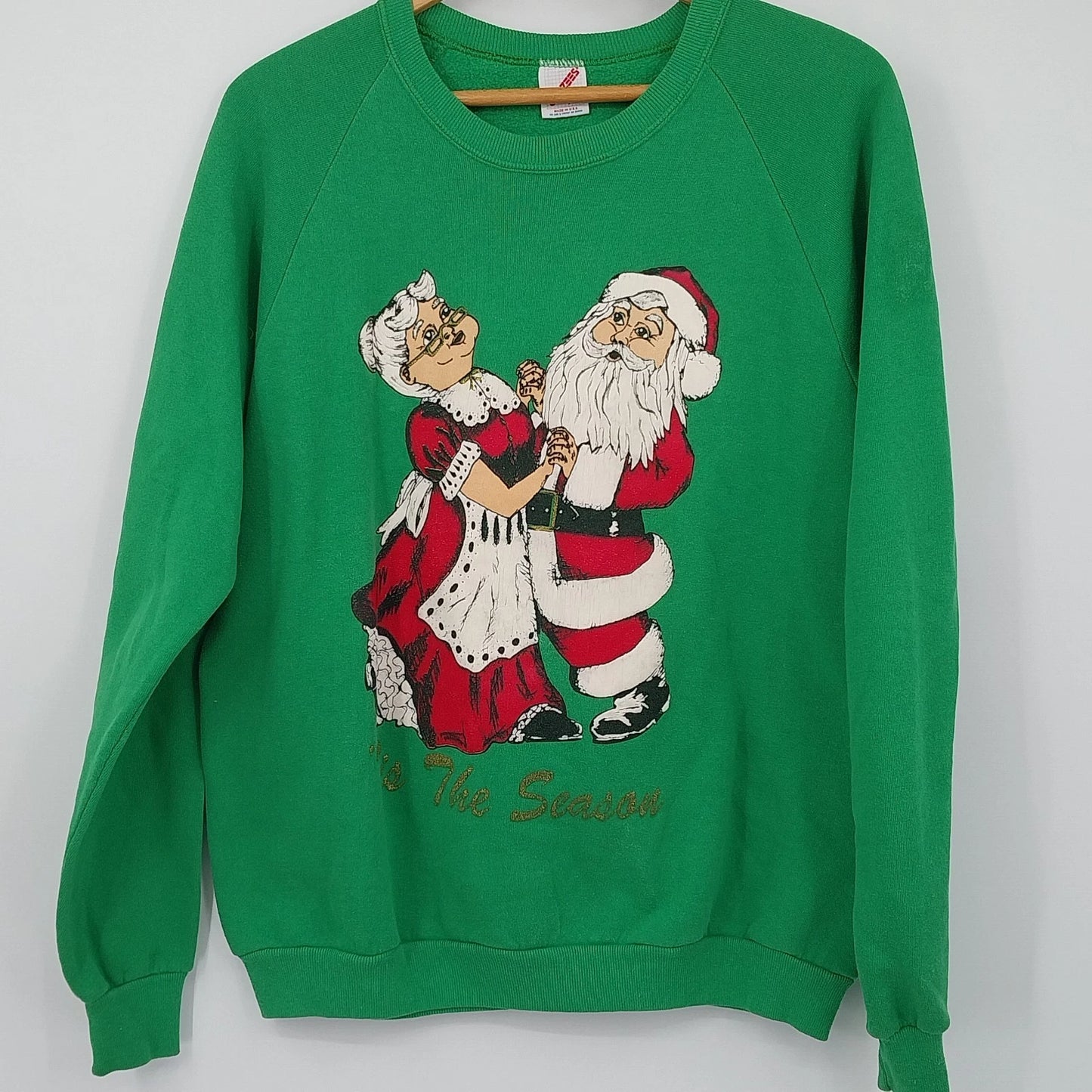 Jerzees green Christmas sweatshirt with Santa and Mrs. Claus