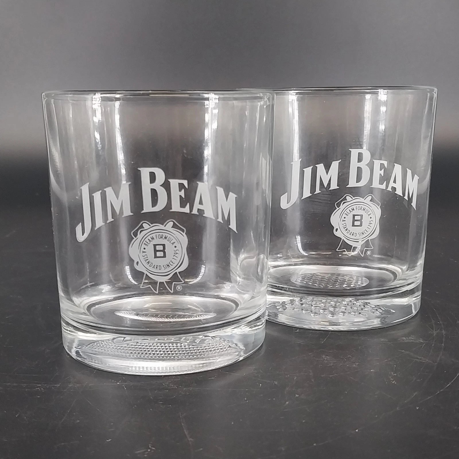 Vintage Jim Beam etched whiskey rocks glasses with sports designs