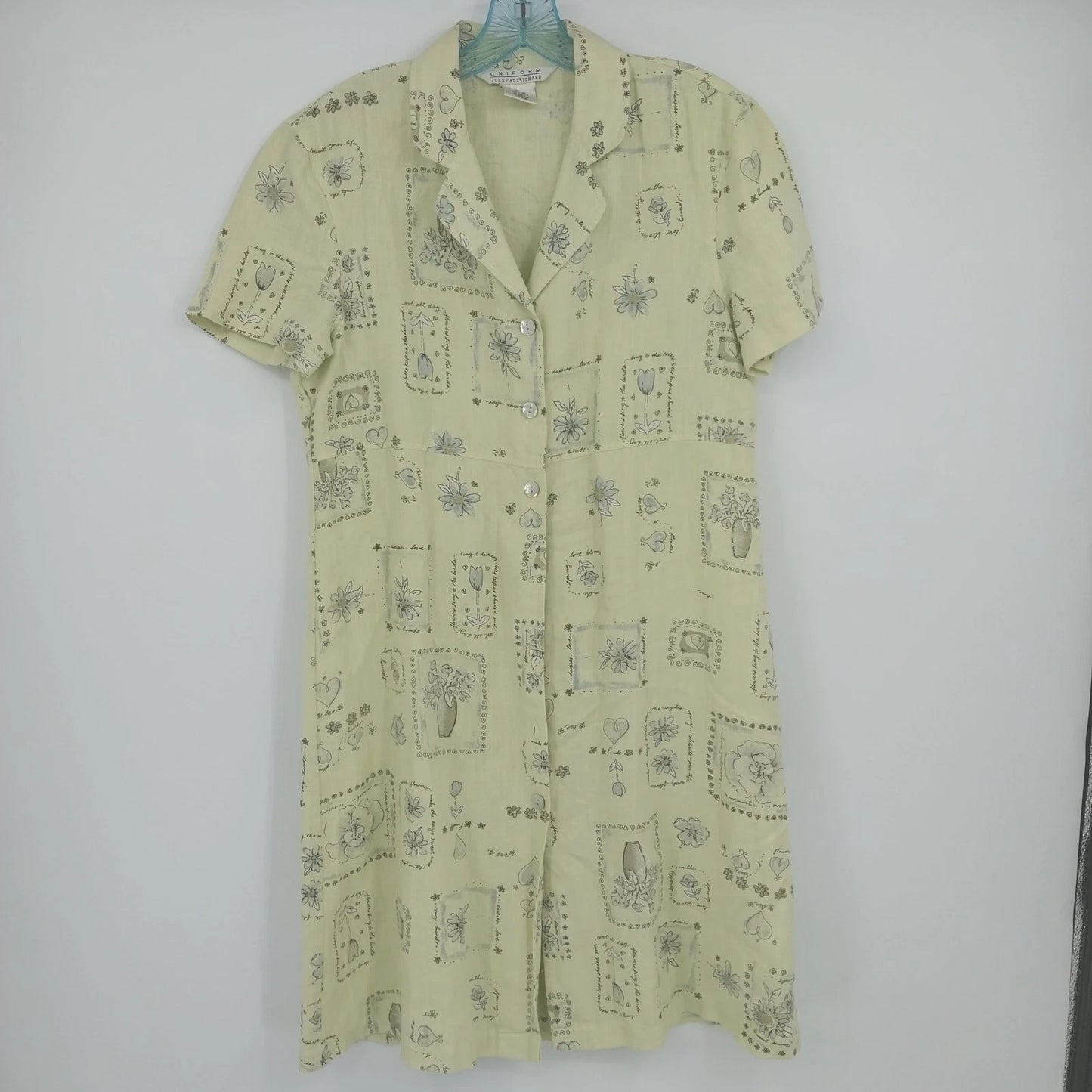Green floral linen shirt dress by John Paul Richard with button front