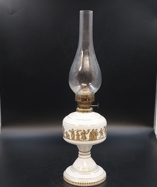 KE Strigos Greek ceramic oil lamp with glass chimney