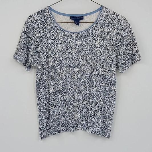Karen Scott blue white geometric cotton shirt