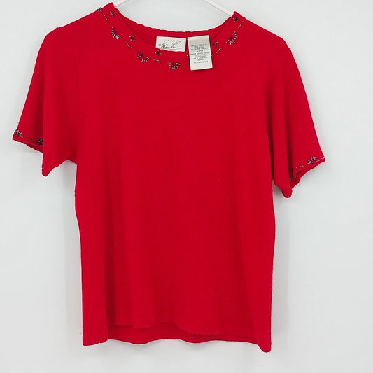 Kathie Lee Collection red sweater top with black beaded neckline and short sleeves