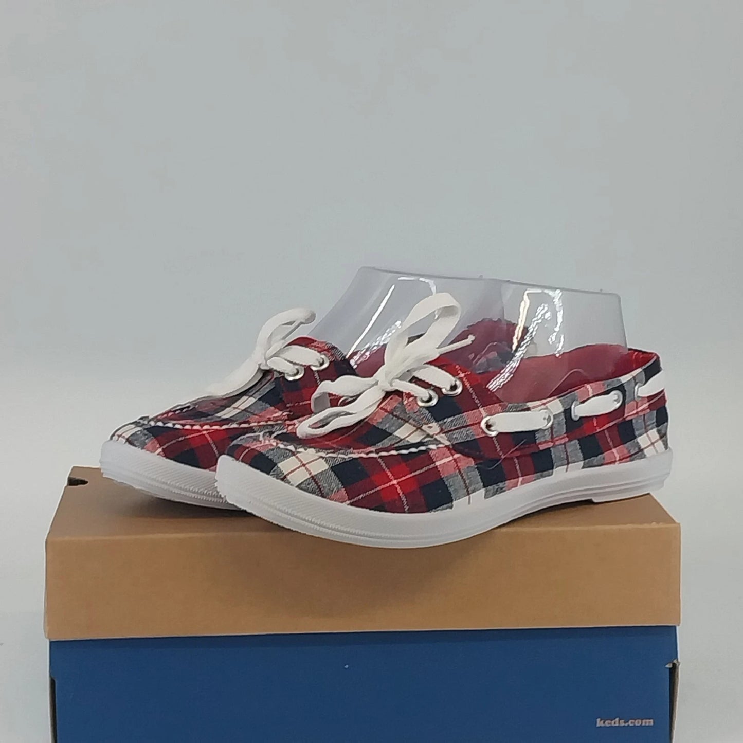 Keds red white blue plaid canvas boat shoes
