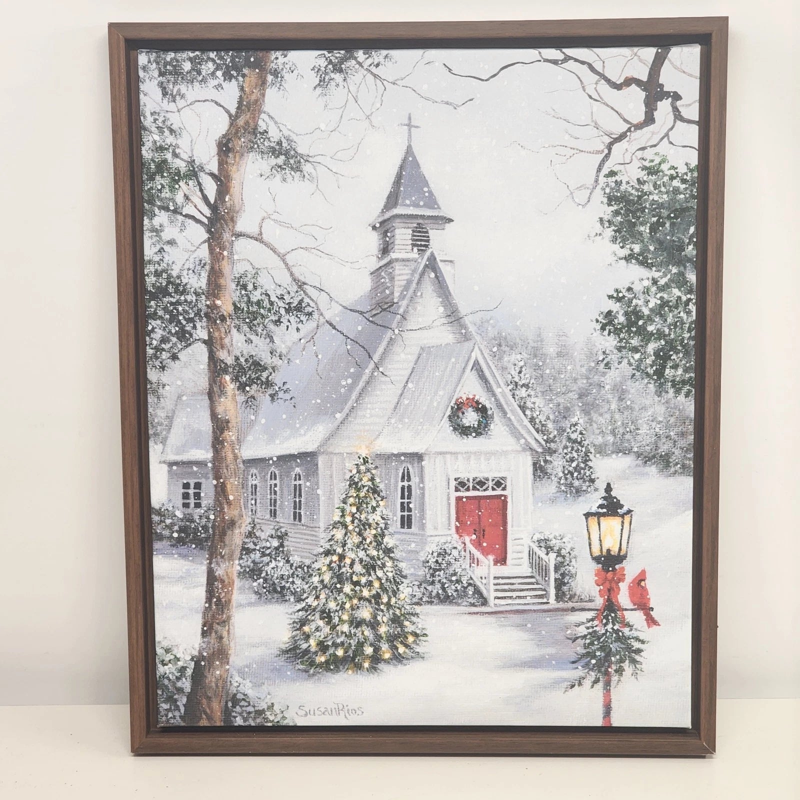 Framed Susan Rios church in snow canvas print with LED lights