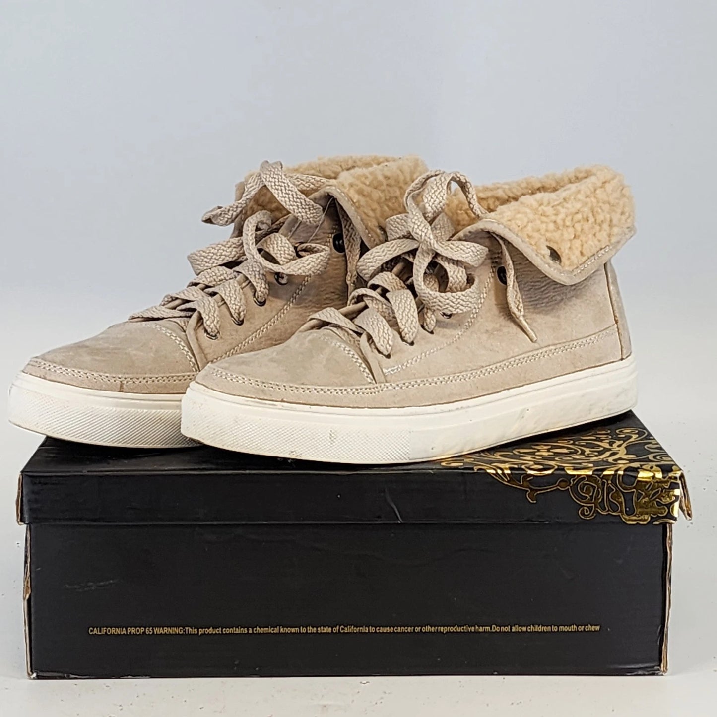 Kiss & Tell beige suede hi top sneakers with sherpa lining lace up women shoes