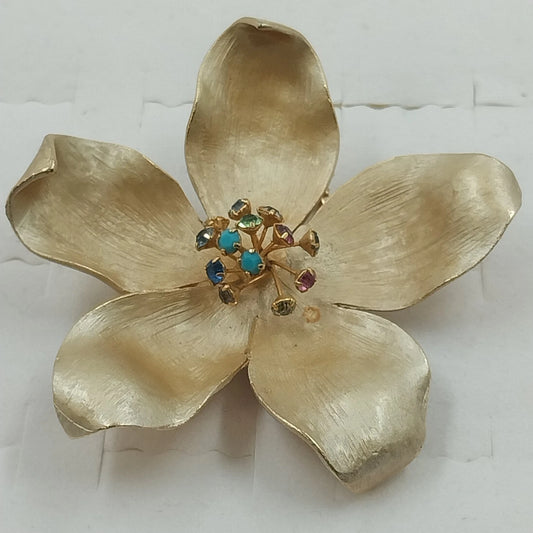 Signed Kramer gold tone flower brooch with rhinestones and turquoise cabochons