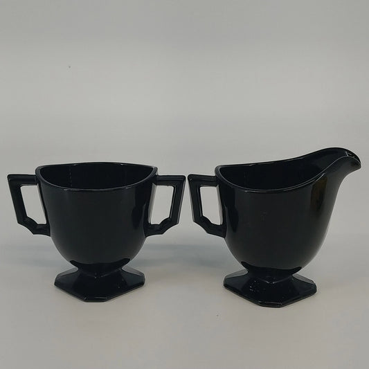 LE Smith black glass Double Shield cream and sugar set