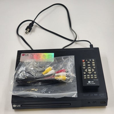 LG DP132 black DVD player with USB input remote and AV cables