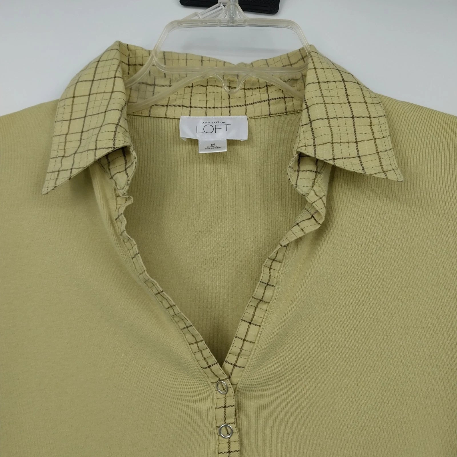 Green LOFT Ann Taylor blouse with plaid trim accents