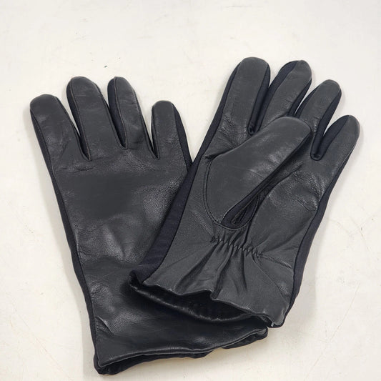 Ladies black leather gloves with fleece lining and stretch side panels