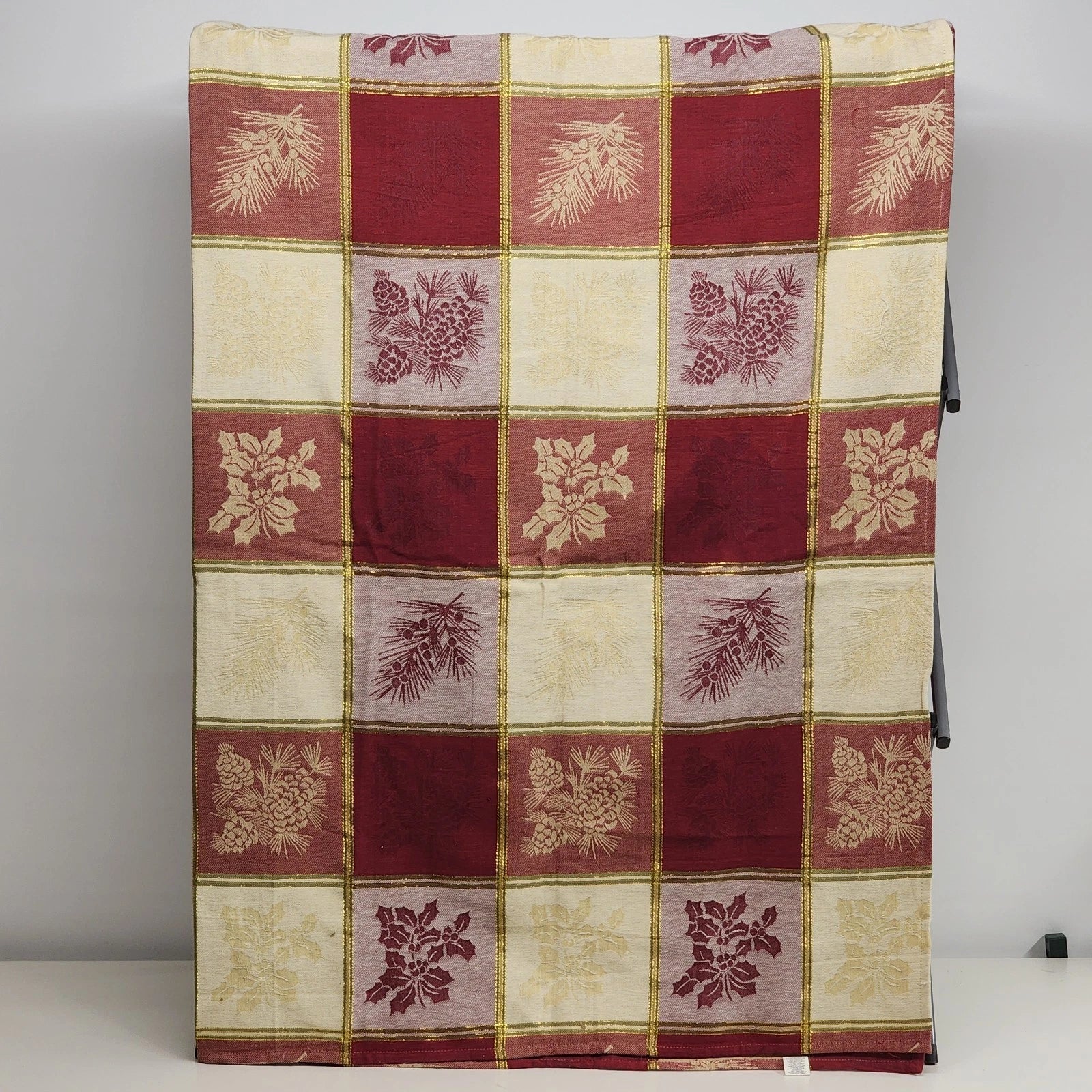 Red and white plaid Christmas tablecloth with gold metallic thread and pine trees