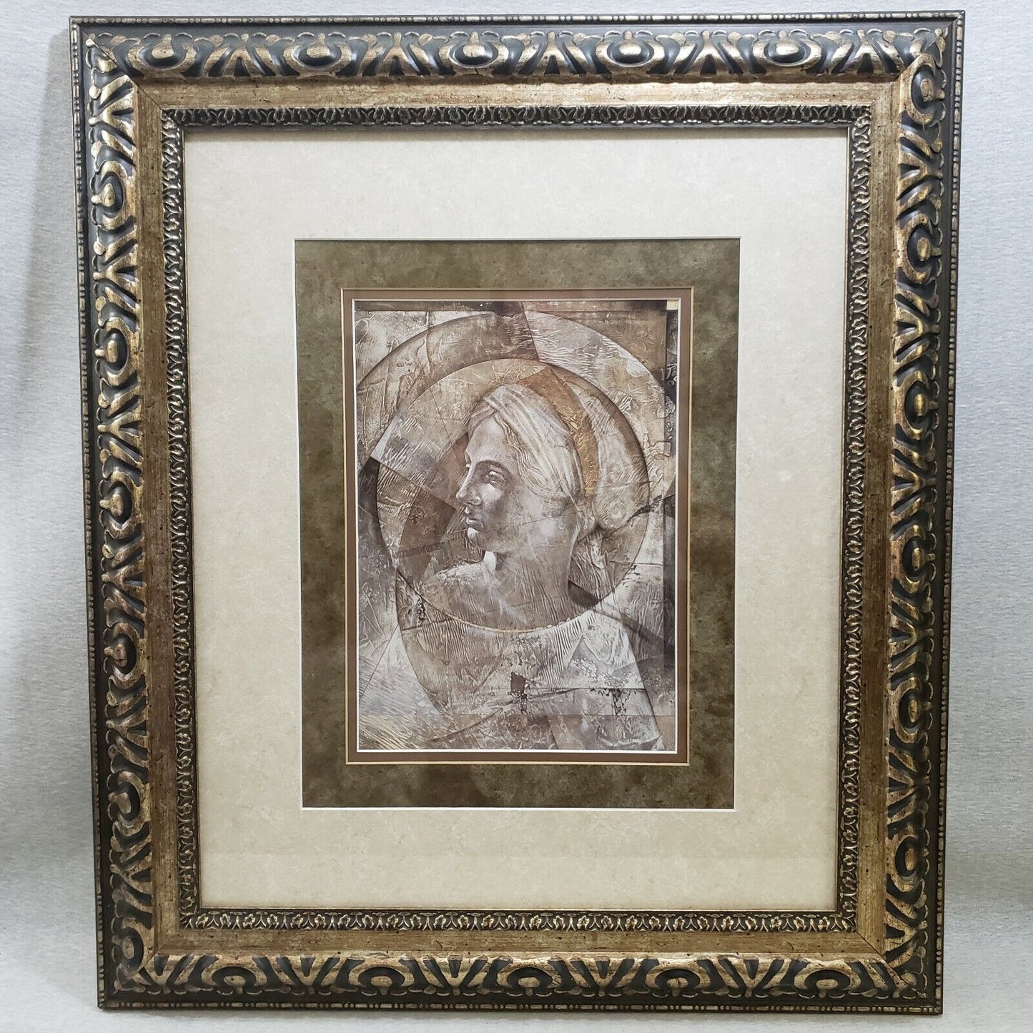 Large vintage wood framed woman art print with glass