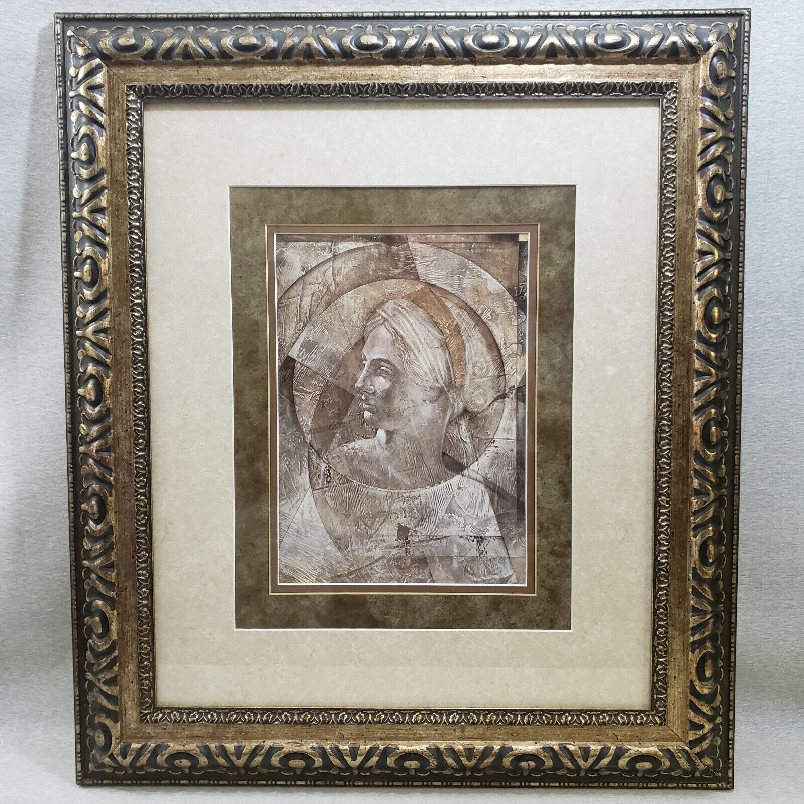 Large vintage wood framed woman art print with glass