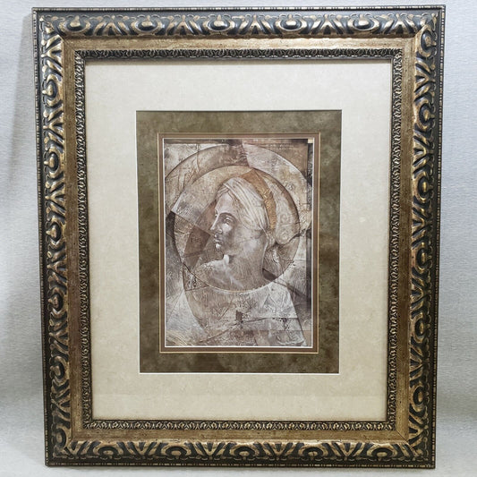 Large vintage wood framed woman art print with glass