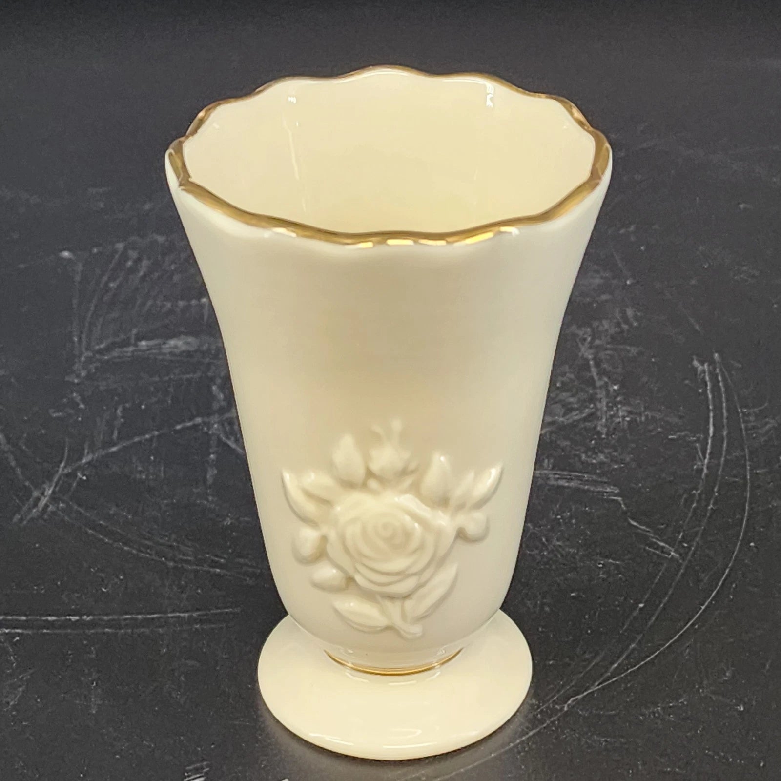 Vintage Lenox cream china bud vase with embossed roses and gold trim