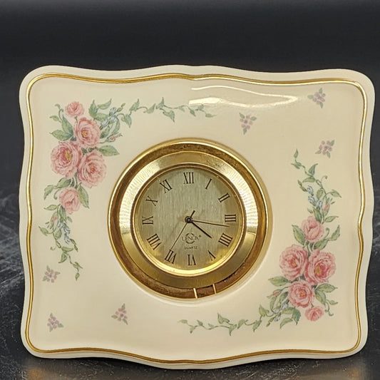 Lenox Petite Rose porcelain desk clock with gold trim