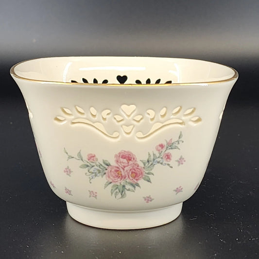 Lenox Petite Rose porcelain trinket bowl with pierced lace design and 24K gold trim
