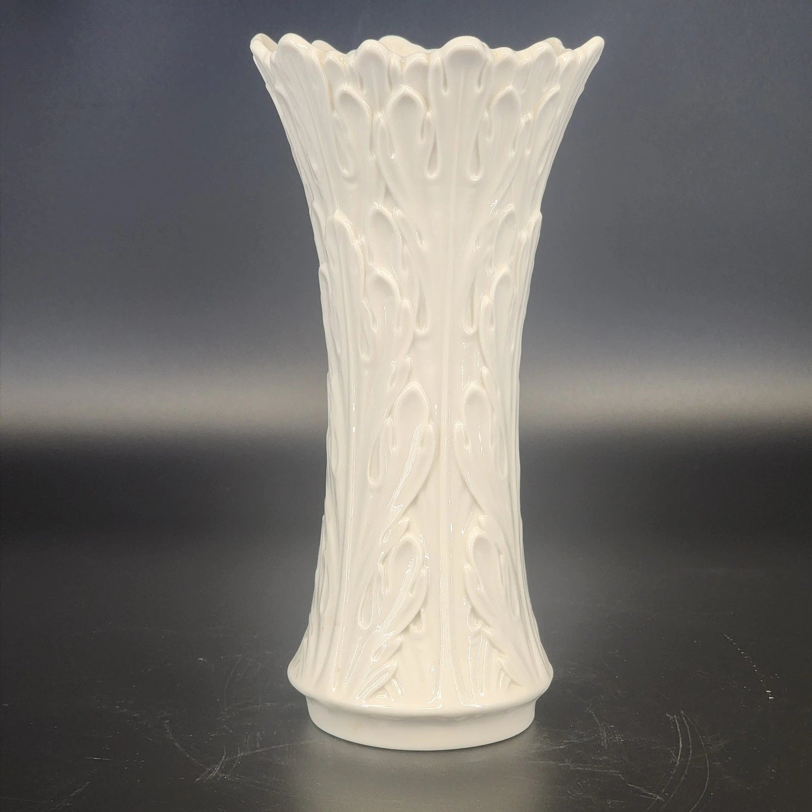 Lenox Woodland white porcelain vase with embossed leaf texture and ruffled edge