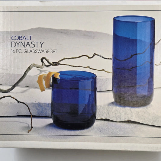 Libbey Cobalt Dynasty 16-piece blue glassware set in sealed box