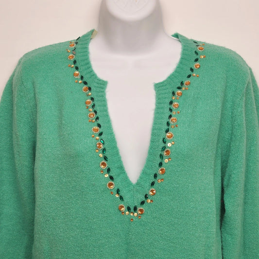 Life Energy Intelligence teal rhinestone sweater