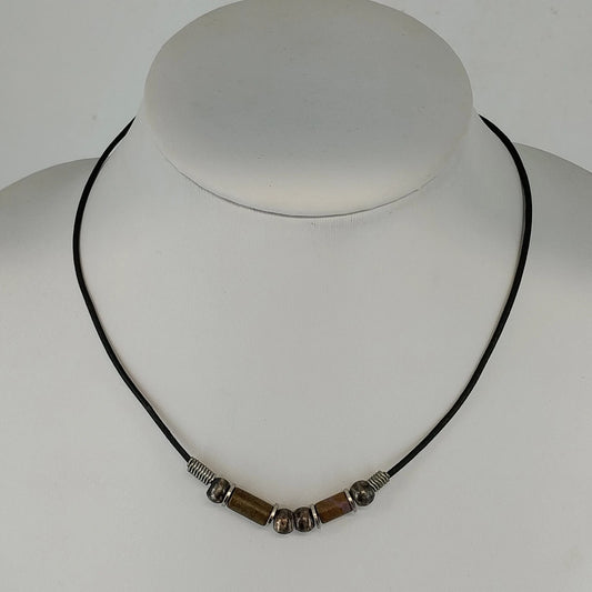 Liska Bali black leather cord necklace with wood and metal bead accents