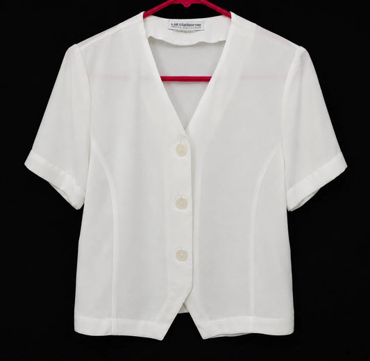 Liz Claiborne women's white sheer button front blouse with short sleeves
