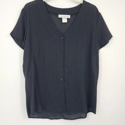 Black short sleeve button front blouse V-neck women’s top