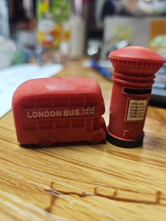 Red rubber London bus and bus stop mini souvenir toy set