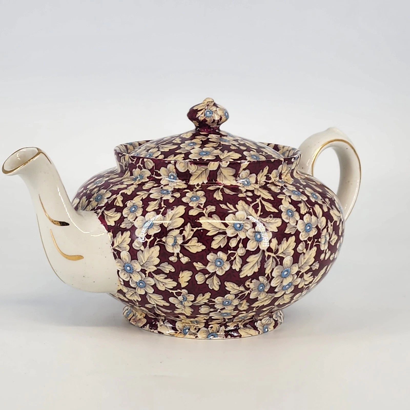 Vintage Lord Nelson Royal Brocade maroon floral chintz teapot with gold trim