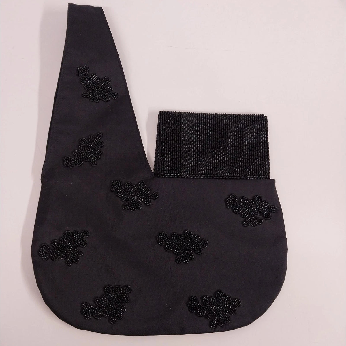 Lynne Jerome black silk saddle bag with beaded double loop handle