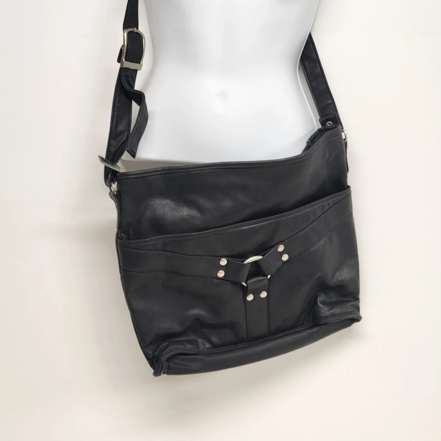 Black leather crossbody satchel purse with three compartments