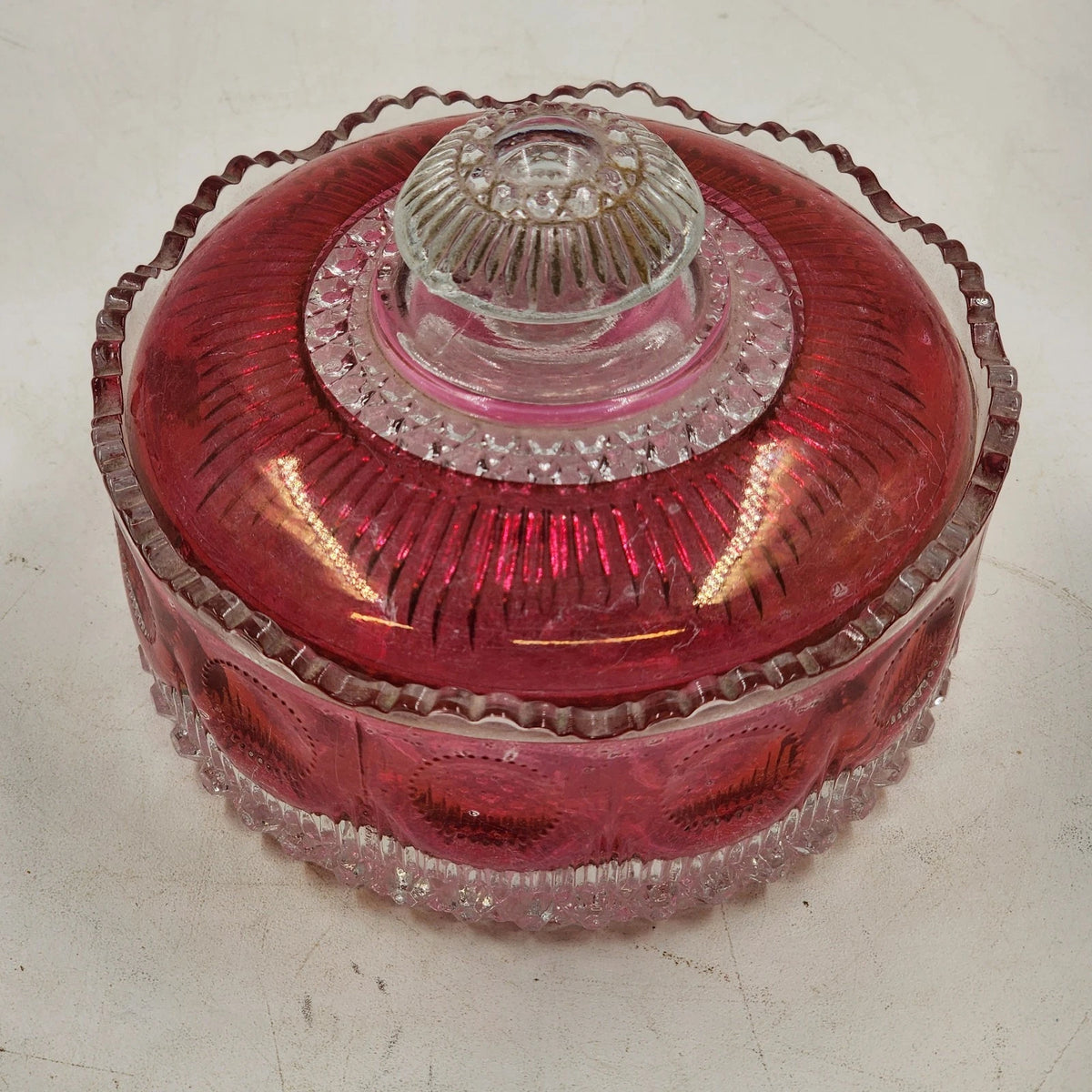 Antique Manhattan ruby rose cranberry glass powder jar vanity box