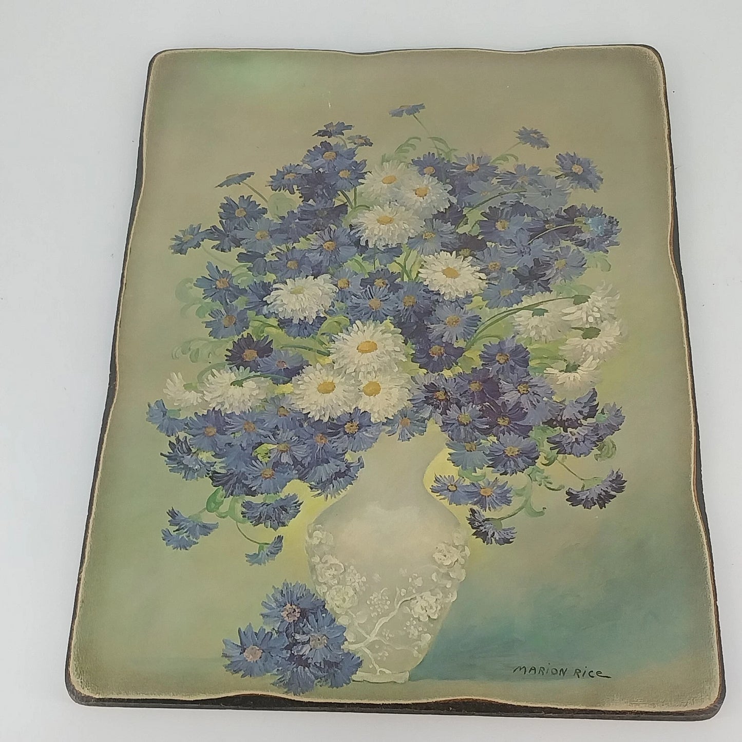Marion Rice floral bouquet wood mounted wall plaque with vase design