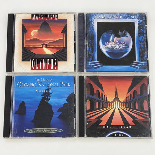 Four Mars Lasar audio CDs in jewel cases, including Olympus, Escape, The Music of the Olympic National Park, and 11:02.