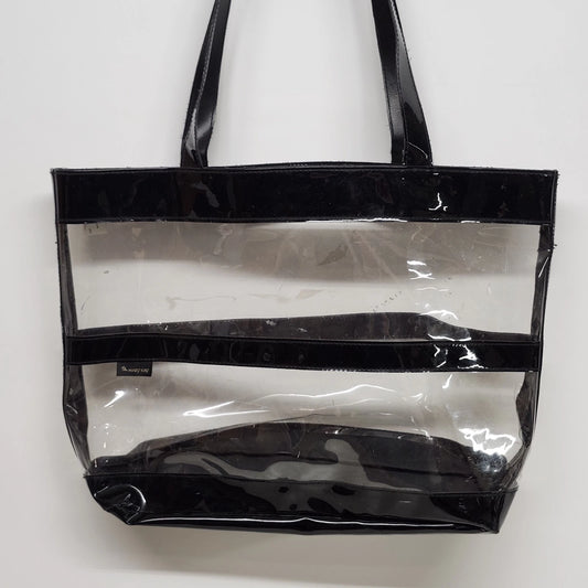 Mary Kay clear PVC shoulder tote bag with glossy black trim and dual straps.