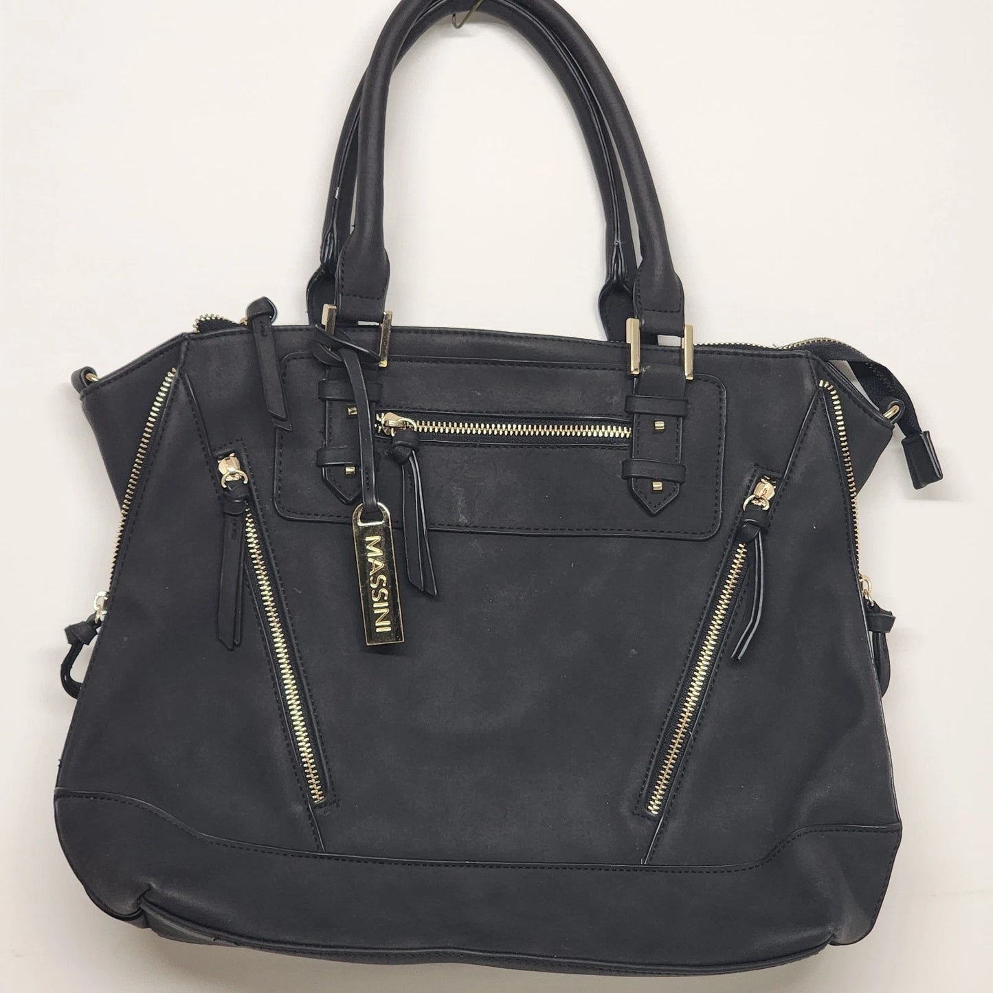 Massini black faux leather tote handbag gold tone zipper