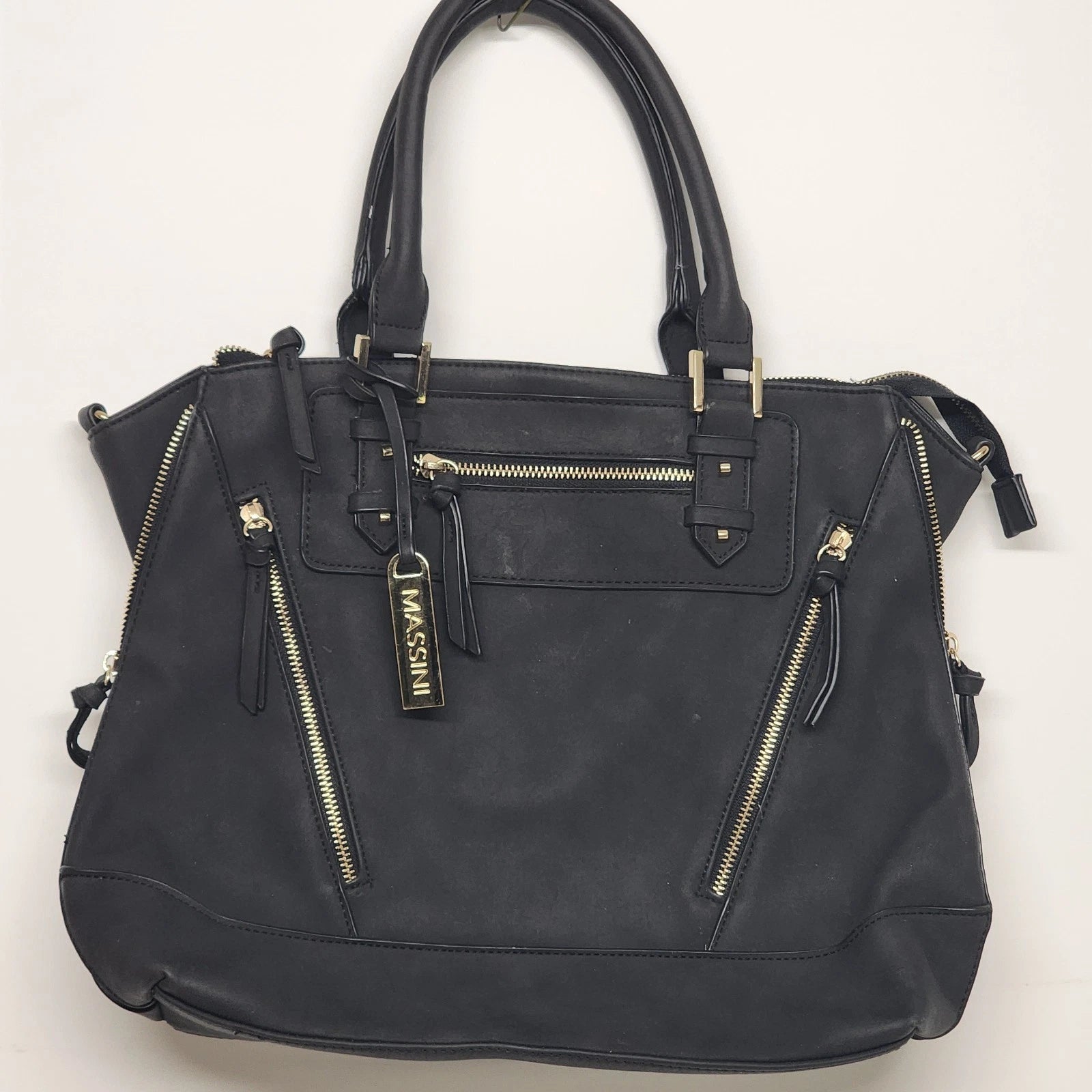 Massini black faux leather tote handbag gold tone zipper