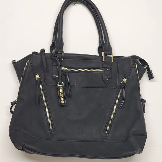 Massini black faux leather tote handbag gold tone zipper