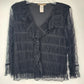 Massini women's black sheer lace blouse with ruffle detail and V neck