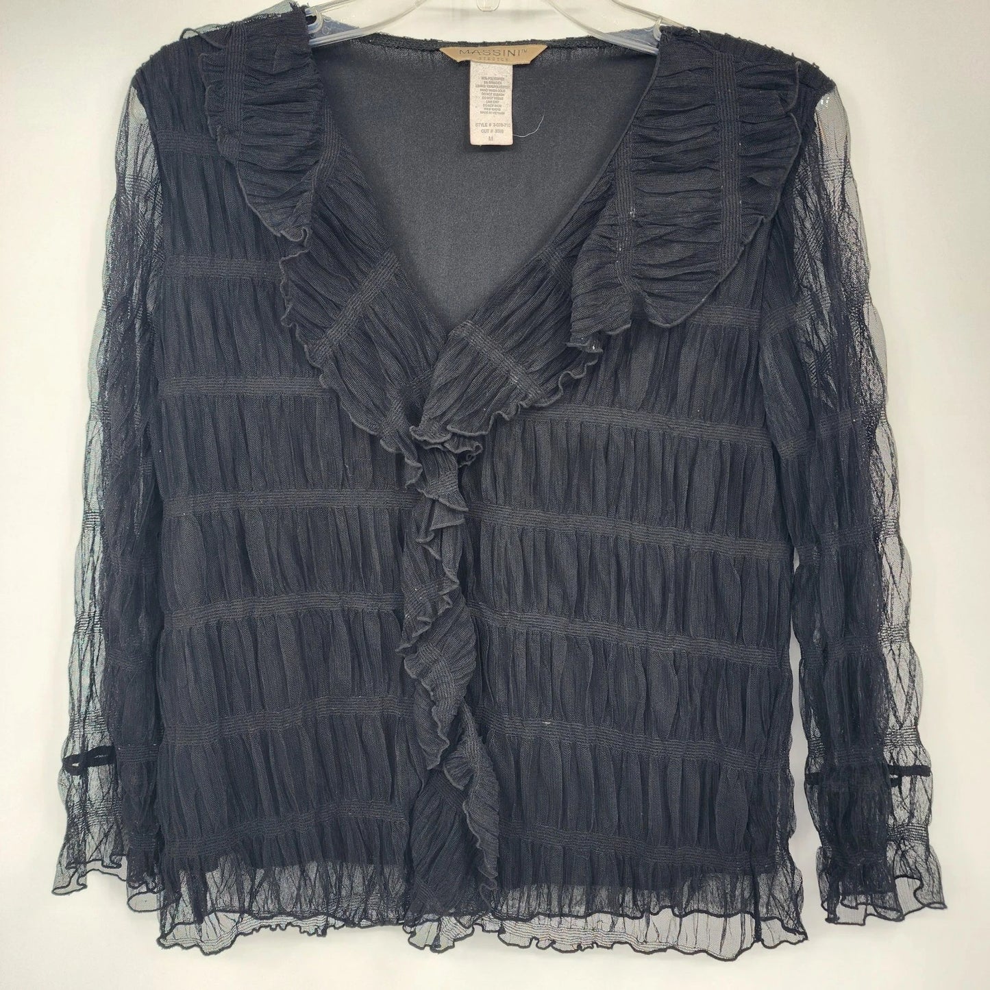 Massini women's black sheer lace blouse with ruffle detail and V neck