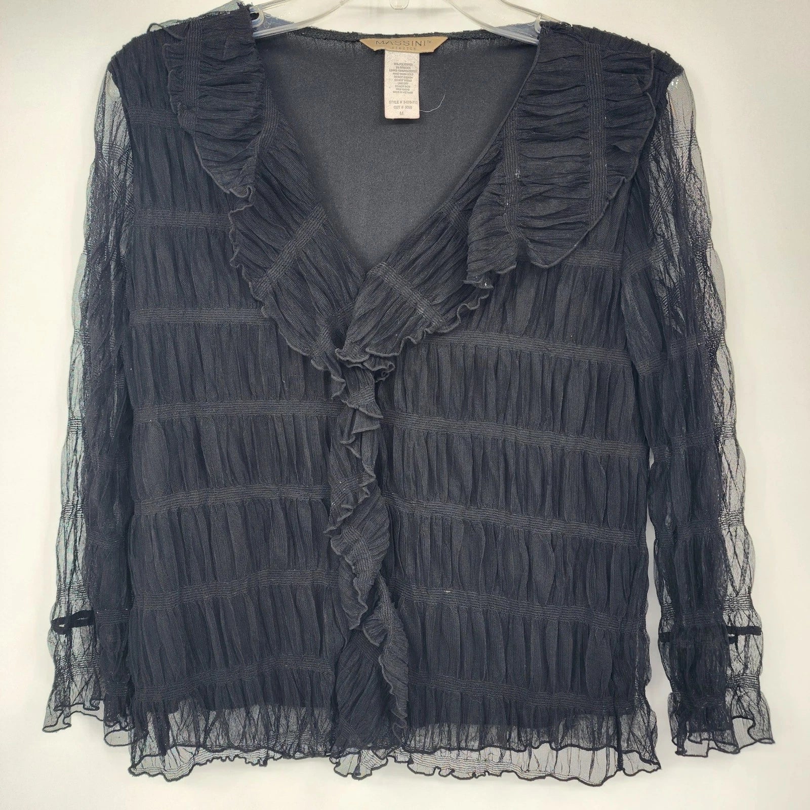 Massini women's black sheer lace blouse with ruffle detail and V neck