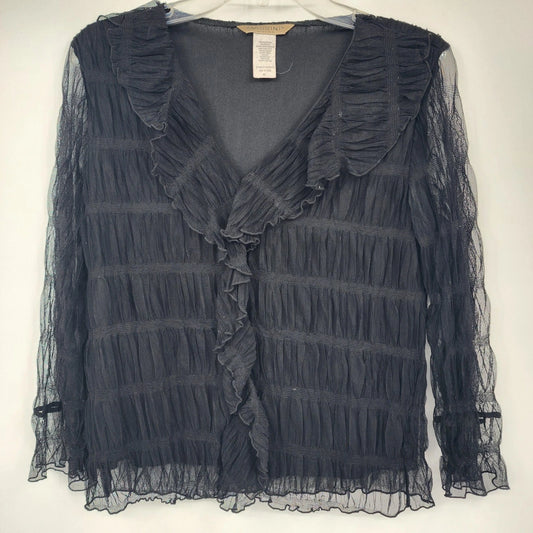 Massini women's black sheer lace blouse with ruffle detail and V neck