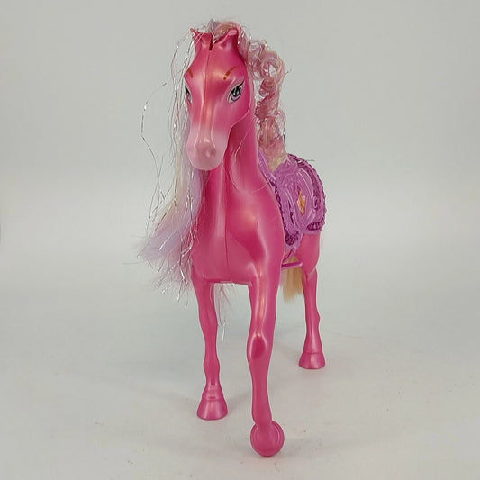 Pink Disney Princess horse toy with blonde mane and purple saddle