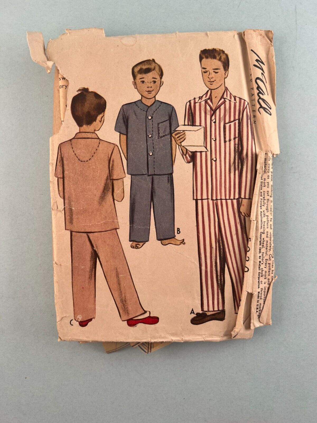 McCall's 5020 vintage 1942 boys two piece pajamas sewing pattern