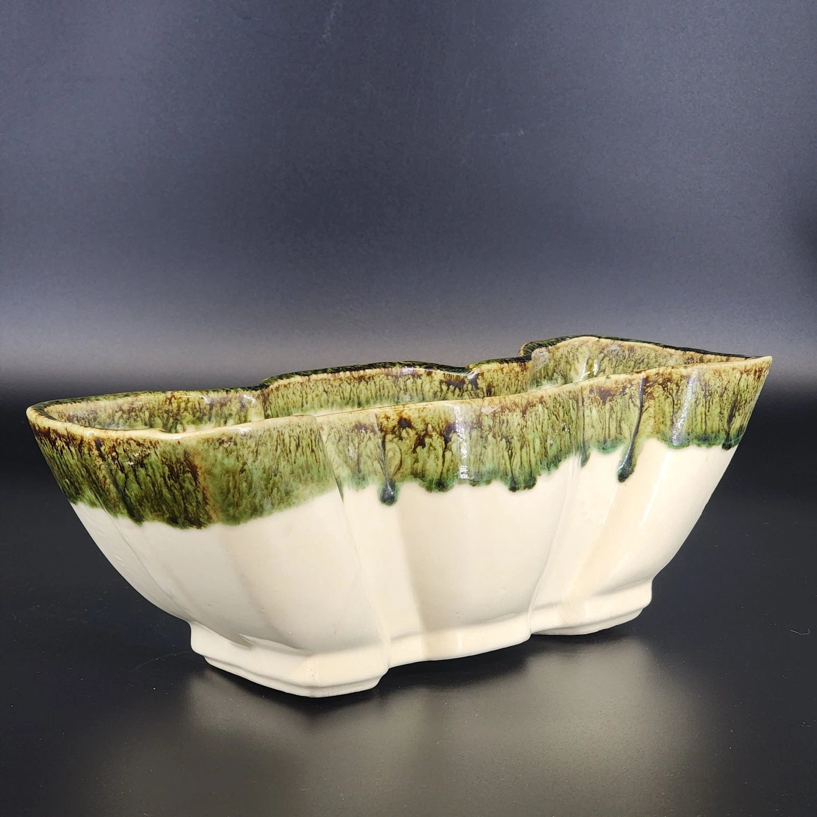 Vintage McCoy pottery rectangular planter with green drip glaze rim