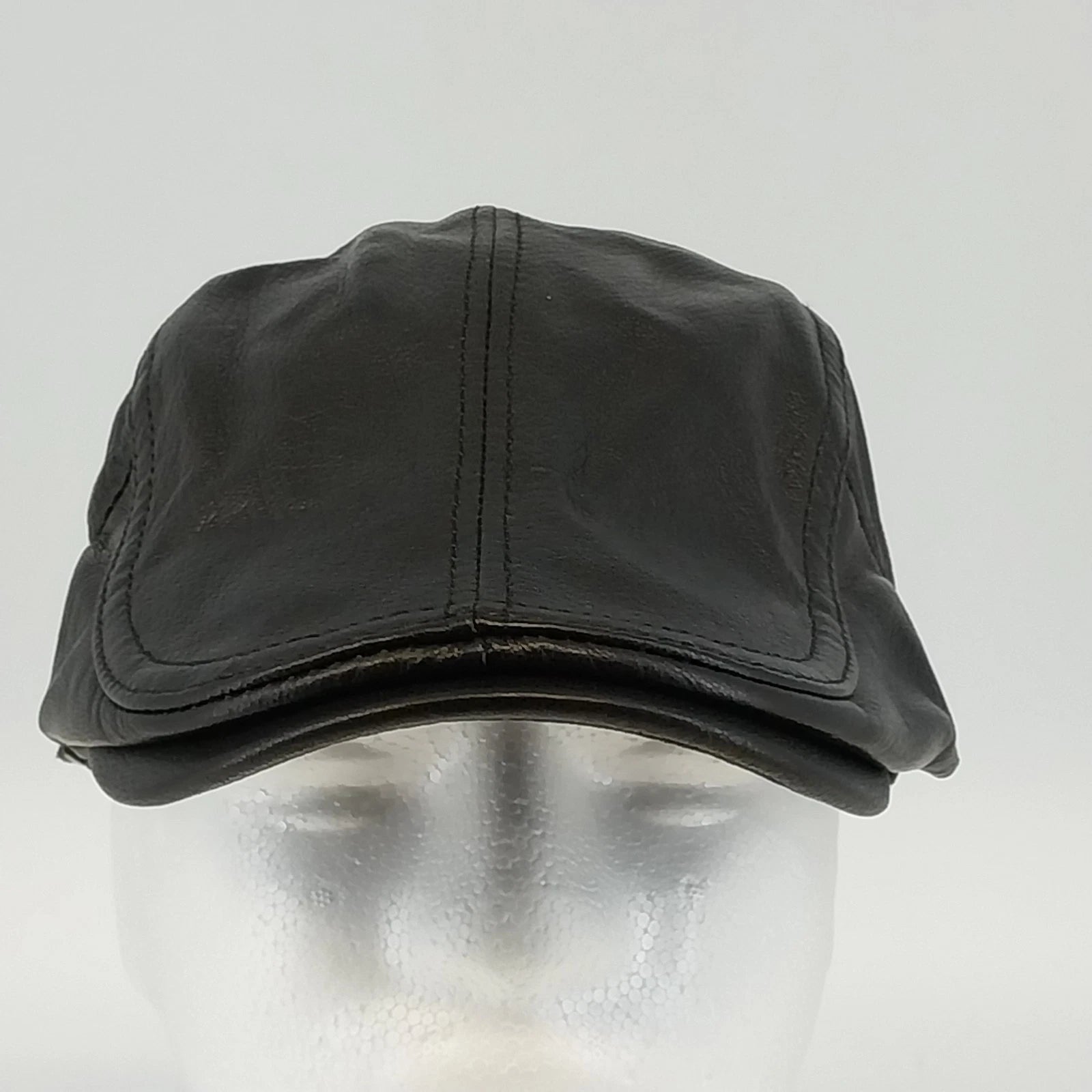 Men's black sheepskin leather newsboy ivy flat cap with adjustable side buckle