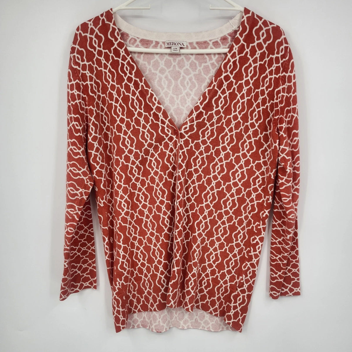 Merona orange and cream geometric button-front women's cardigan.
