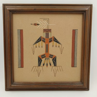 Original Thunderbird sand painting by Montoya Johnson framed 16 inch