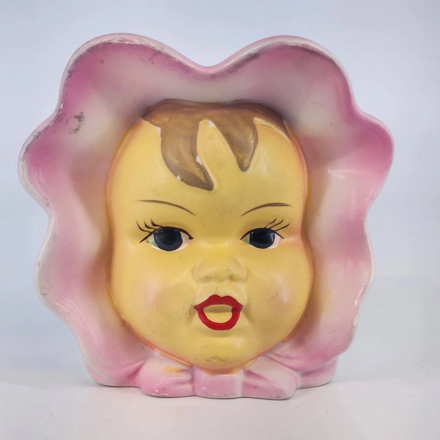Vintage Napco baby girl ceramic head vase with pink bonnet