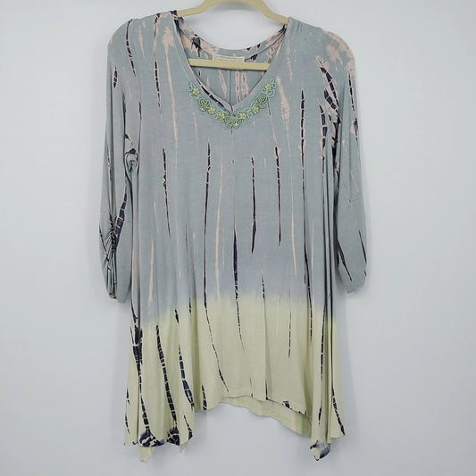 Vintage Nature Art by Lynn Yang tunic top with green and blue floral boho design